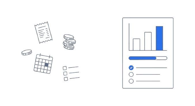 Receipts, coins, and a calendar next to a chart and checklist, representing Ledgerly's finance and task tracking